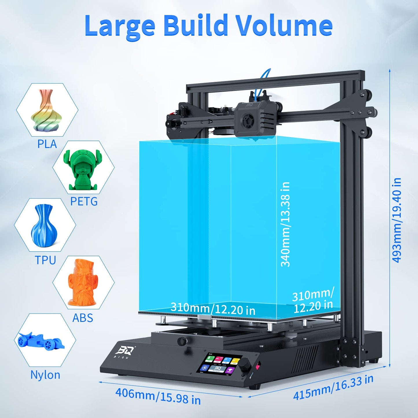 BIQU 3D Printer, B1 SE Plus Auto Leveling 3D Printers, DIY FDM Printer with Large Print Size 310x310x340mm/12.2x12.2x13.38in 32bit Silent Motherboard Resume Printing Function Touch Screen