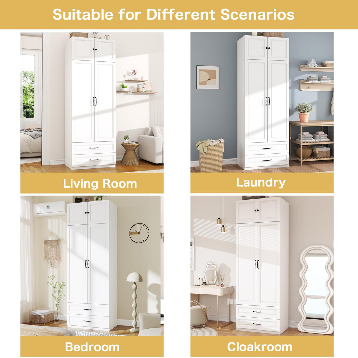 Armoire Wardrobe Closet with Doors: 89" Extra Tall White Wardrobe with Storage on Top, Bedroom Armoires with 2 Doors and 2 Drawers, Large Wood Closet Armoire for Hanging Clothes (A, 31.5") LABROSKIA