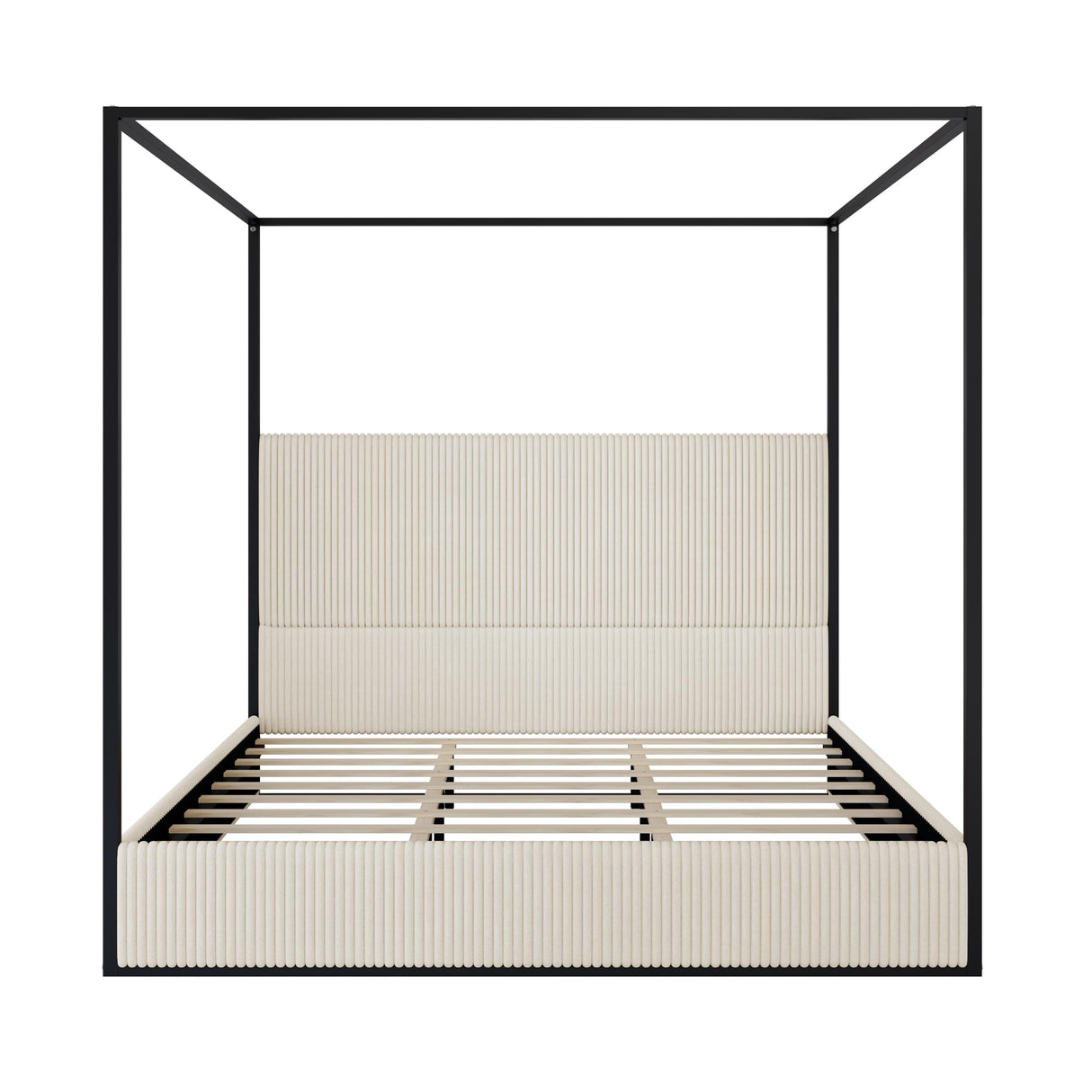 HRJHLucky King Size Canopy Bed with Tall Upholstered Channel Headboard, Metal 4 Poster Upholstered Bed, No Box Spring Needed (Black+Cream, King//) HRJHLucky