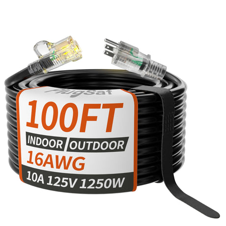 PlugSaf 16/3 Gauge Black Outdoor Extension Cord 100 ft Waterproof with Lighted Indicator, Cold Weatherproof -40°C, Flexible 3 Prong Long Extension Cord Outside,10A 1250W 16AWG SJTW, ETL Listed PlugSaf