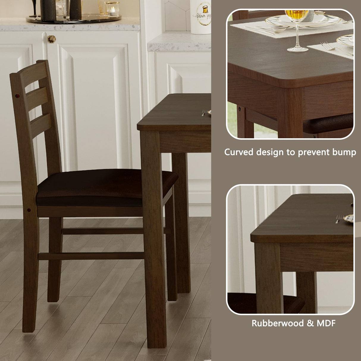 Orweiin 5-Piece Solid Wood Indoor Modern Rectangular Dining Table Set for 4,Table and 4 Chairs Set with PU Leather Cushion for Kitchen,Bar,Living Room,Breakfast Nook,Brown Orweiin