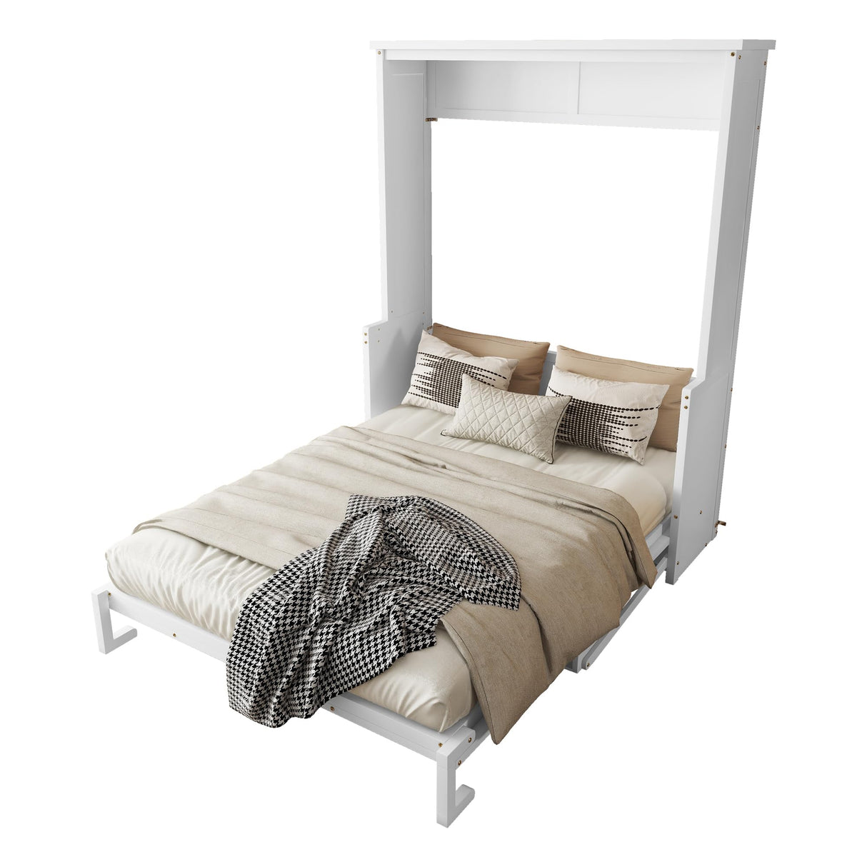 SOFTSEA Queen Size Murphy Bed with Desk, Murphy Cabinet Bed with Gas Struts, Foldable Wall Bed Space Saving for Small Space, Guest Room, Home Office, White SOFTSEA