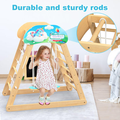 HAFTKD Pikler Triangle Set, 10 in 1 Wooden Climbing Toys for Toddlers, Montessori Indoor Climbing Ladder Gym with Slides, Climbing/Net, Arch Swing