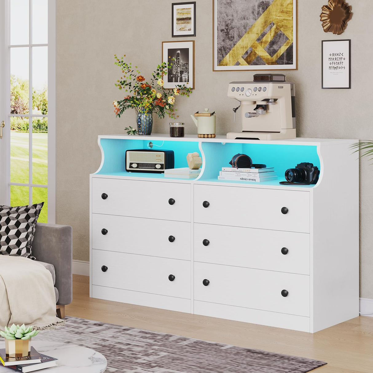 Hasuit 6 Drawer Dresser with LED Lights and Charging Station, Wide Chest of 6 Drawers with Open Space, Modern Large Capacity Storage Cabinet, White Dresser for Bedroom, Living Room, Hallway Hasuit