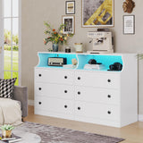 Hasuit 6 Drawer Dresser with LED Lights and Charging Station, Wide Chest of 6 Drawers with Open Space, Modern Large Capacity Storage Cabinet, White Dresser for Bedroom, Living Room, Hallway Hasuit