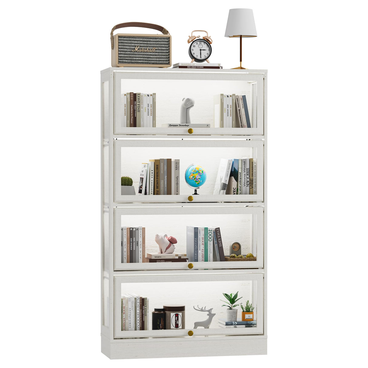 Boniture Display Cabinet with Acrylic Glass Doors,4-Tiers Curio Cabinet with LED Lighting for Collectibles, Collectibles Toy Organizers Rack & Display Shelf Display Case Storage Cabinet, Antique White BONITURE