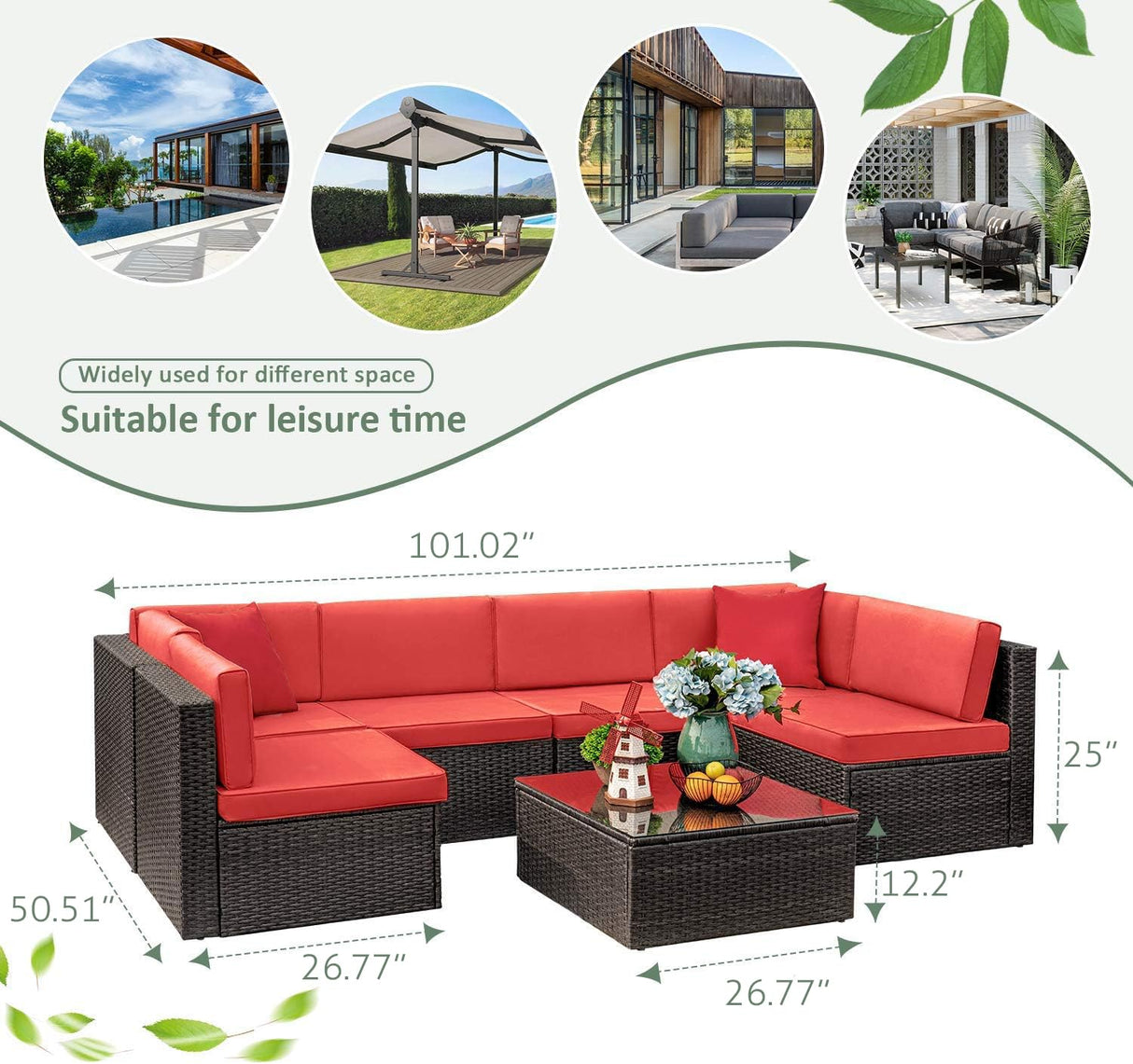 Devoko 7 Pieces Outdoor Sectional Sofa Patio Furniture Sets Manual Weaving Wicker Rattan Patio Conversation Sets with Cushion and Glass Table (Red) Devoko