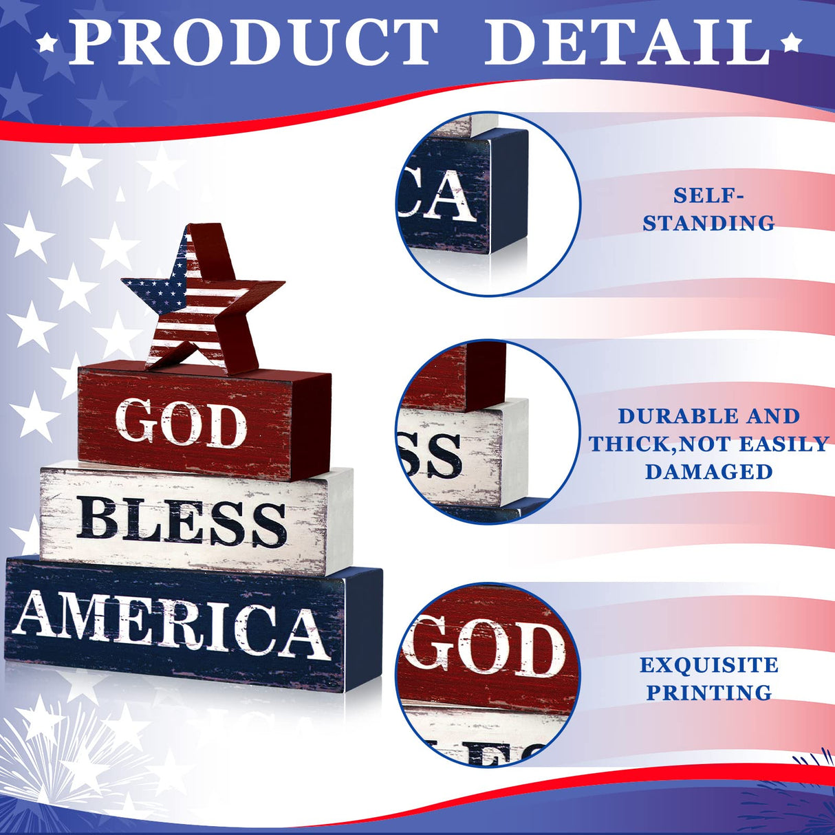 Huquary 4 Pcs Farmhouse 4th of July Patriotic Table Sign Independence Day Table Wood Decorations Patriotic Themed Rustic Farmhouse Wood Block Sign for Party Home Desk (Flag) Huquary