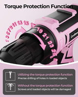 Pink Cordless Drill Set, 20V Electric Power Drill for Women, Lightweight Electric Screwdriver Driver with Battery & Charger, 3/8" Keyless Chuck, Womens Tool Kit for House VIWKO
