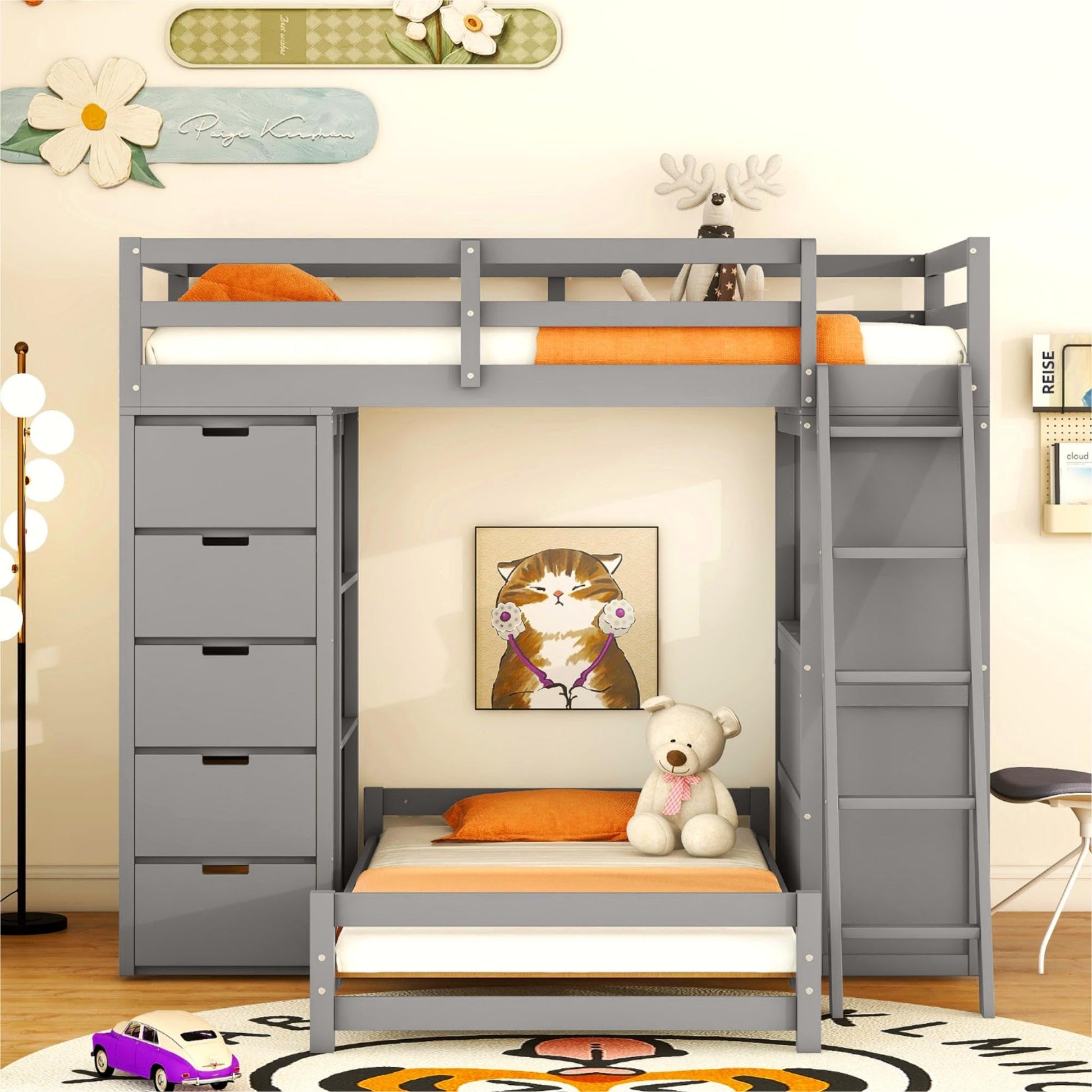 CKLMMC Twin Over Twin Bunk Bed with LED Light, USB Ports, Desks, Bookshelves, and 5 Drawers in Gray - WoodArtSupply