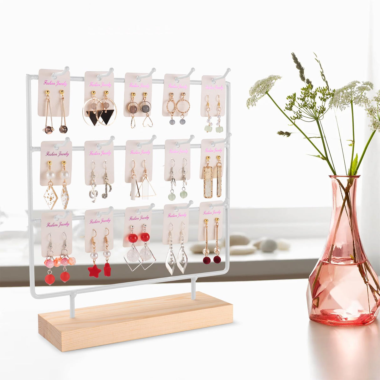 shidaishiye Earring Display Stand for Selling, Wood Earring Rack Tower Display Holder Stand (3 Tier,15 Hooks, White) shidaishiye