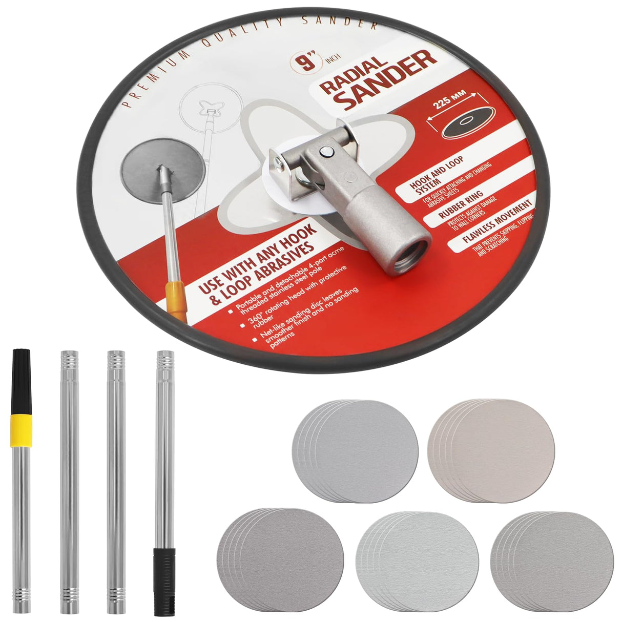 Pole Sander for Drywall, Radial Sander 9 Inch with Pole, Wall Sander for Painting Prep, 360 𝑫𝒆𝒈𝒓𝒆𝒆 𝑹𝒐𝒕𝒂𝒓𝒚 Round Circular Hand Sanding Head for Dry Wall and Ceilings Podoy