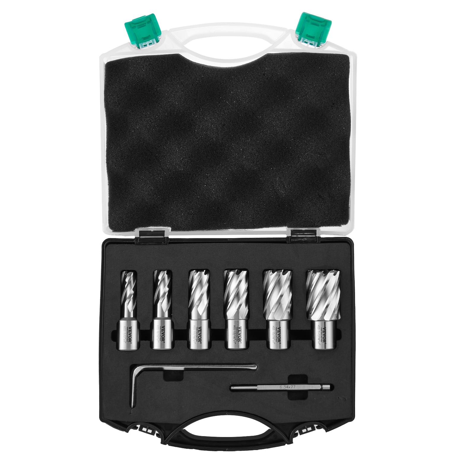 VEVOR Annular Cutter Set, 6 pcs Weldon Shank Mag Drill Bits, 1" Cutting Depth, 1/2" to 1-1/16" Cutting Diameter, M2AL High-Speed Steel, with Pilot Pin and Portable Case, for Using with Magnet - WoodArtSupply