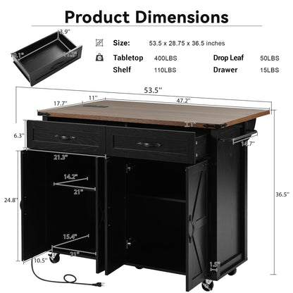 FRANSOUL 53.5'' Farmhouse Kitchen Island Cart with Power Outlet, Kitchen Island with Storage,Drop Leaf and Spice Rack, Rolling Kitchen Cart on Wheels for Home, Kitchen and Dining Room