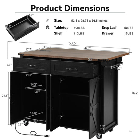 Amposei Farmhouse Rolling Kitchen Island with Power Outlet, Drop Leaf Breakfast Bar, Wooden Mobile Storage Island Cart on Wheels with Drawers, Spice Rack for Kitchen Dining Room (Black) Amposei