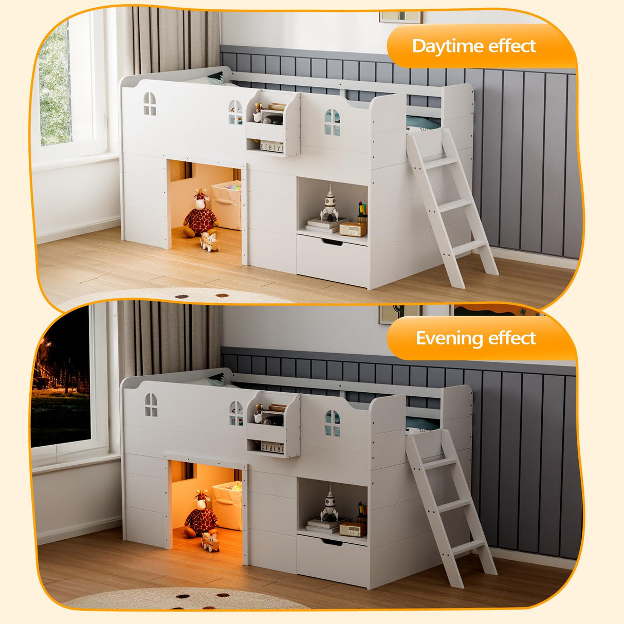 JOYMOR Loft Bed Twin Size with Led Light, Low Loft Bed with Storage Drawer, Modern Farmhouse Design with Castle Guardrail and Window, Book Rack, Smart APP Control, No Box Spring Needed (White) JOYMOR