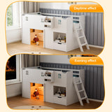 JOYMOR Loft Bed Twin Size with Led Light, Low Loft Bed with Storage Drawer, Modern Farmhouse Design with Castle Guardrail and Window, Book Rack, Smart APP Control, No Box Spring Needed (White) JOYMOR