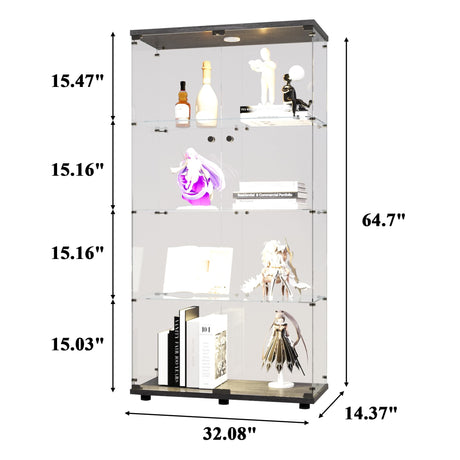 nifoti 4-Shelf Glass Display Cabinet with LED Lights and Lock,Curio Cabinets Display Case with 2 Door,Tempered Glass Collection Display Showcase for Living Room,Exhibition Hall 64.7"x 32"x 14.4" Black nifoti