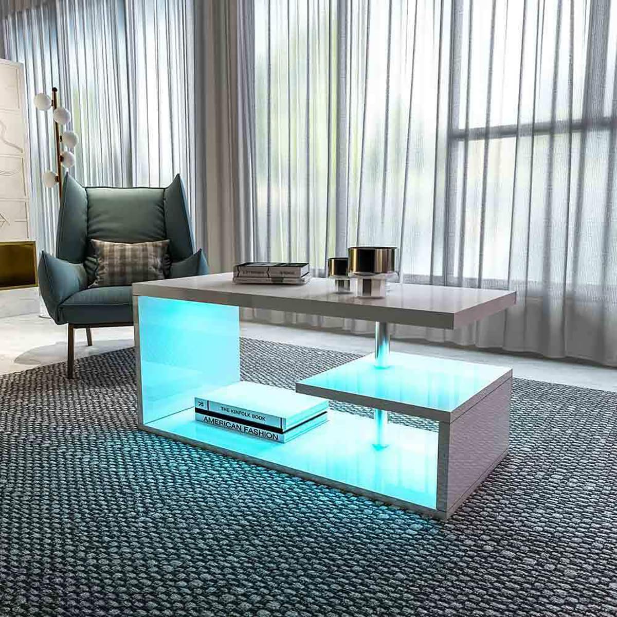 HOMMPA LED Coffee Tables for Living Room Modern White Coffee Table with S-Shaped 3 Tiers Open Storage Shelf High Gloss Center Sofa Tea Table with LED Lights for Home Office Furniture White 18" Tall HOMMPA