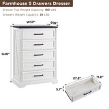 ACCOHOHO Farmhouse 5 Drawers Dresser Chests for Bedroom,46" Tall Wood Rustic Chest of Drawers with Wide Metal Handle,Natural Texture,Drawer Organizer for Bedroom,Living Room,Hallway and Entryway,White ACCOHOHO