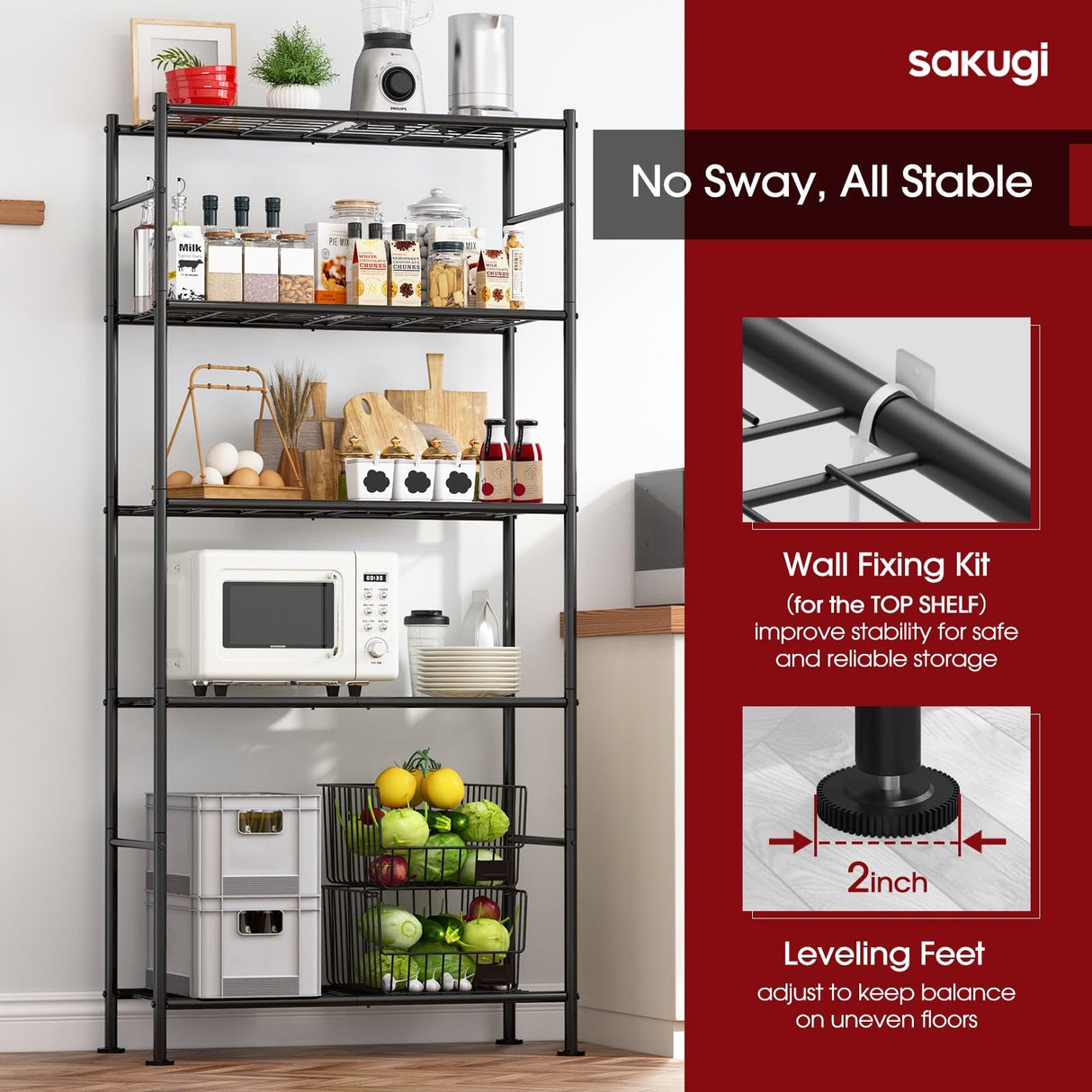 Sakugi Storage Shelves - 5 Tier Shelf Organizer, Heavy Duty Garage Shelving Unit with Leveling Feet, Stable Metal Shelves Organizer for Pantry, Kitchen, Closet, 33.1" W X 12.6" D X 72" H, Black Sakugi