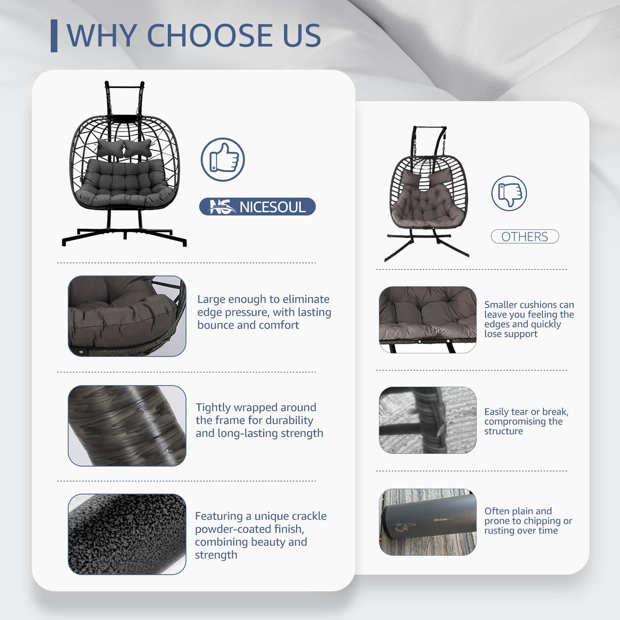 NICESOUL Double Egg Swing Chair with Stand, Oversized 2-Person Indoor Outdoor Hanging Hammock Chairs with Cushion, Wide and Large Comfy Loveseat, 700lbs Sturdy Porch Swings for Outside, Dark Gray NICESOUL