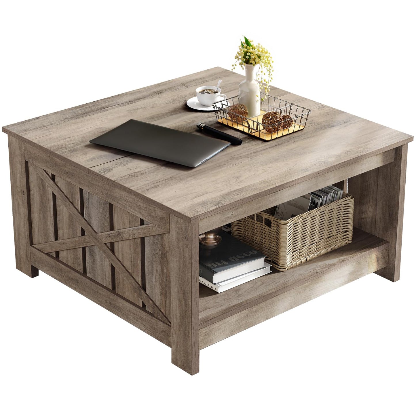 DWVO Square Coffee Table for Living Room Farmhouse Coffee Table with Storage,2-Tier Wood Center Table with Half Open Storage Compartment, Rustic Grey - WoodArtSupply