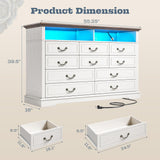 Romorgniz 10 Drawer White Dresser for Bedroom, Large Farmhouse Dresser with LED Lights & Charging Station for Bedroom Romorgniz