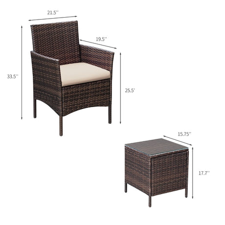 Greesum 3 Pieces Patio Furniture Sets Outdoor PE Rattan Wicker Chairs with Soft Cushion and Glass Coffee Table for Garden Backyard Porch Poolside, Brown and Beige Greesum