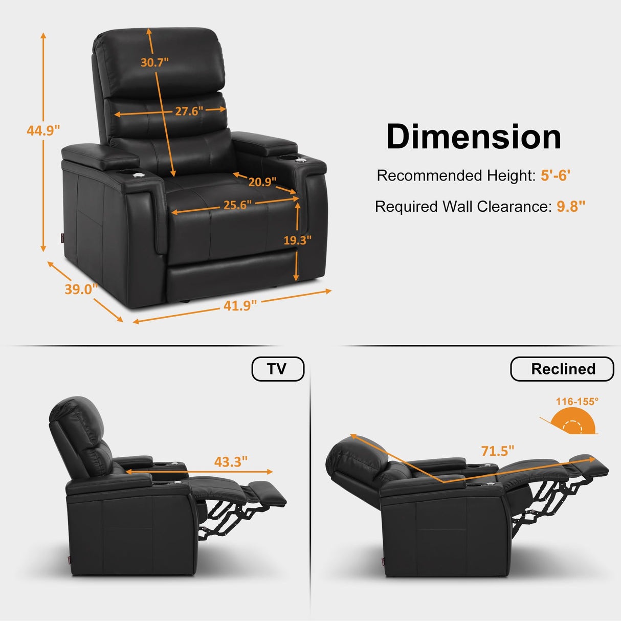 MCombo Triple Motors Power Recliner Chair with Power Headrest & Lumbar Support for Living Room, Home Theater Seating with Armrest Storage, Tray Table and Dual Charging Ports HTS708 (Black) MCombo