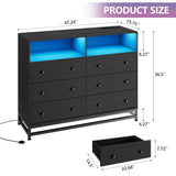 Black Dresser for Bedroom, Wooden Modern 6 Drawers Wide Dresser with Charging Station and Led Lights Design, Large Capacity Storage Chest of Drawers Garveehome