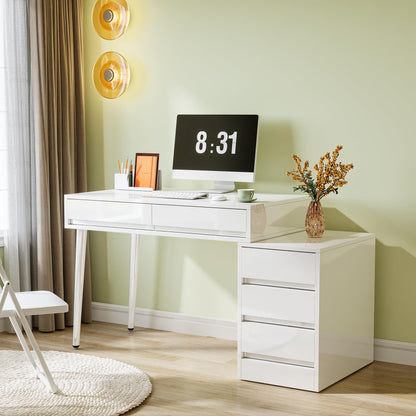 Tribesigns White Desk with 5 Drawers, High Gloss White Modern Home Office Desk with Storage Drawers and Printer Stand, Reversible Computer Desk Vanity Desk for Bedroom, Living Room - WoodArtSupply