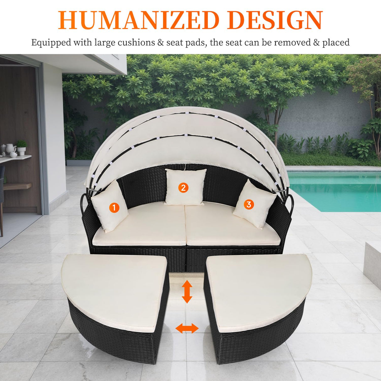 FDW Outdoor Round Daybed Wicker Patio Furniture Outdoor Furniture with Retractable Canopy Rattan Separated Seating Sectional Sofa Khaki Washable Cushioned and Three Pillow for Patio Backyard FDW