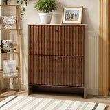 BVXBVX 31.5''W Walnut Shoe Storage Cabinet for Entryway with 2 Flip Drawers, Fluted Slim Shoe Cabinet, Free Standing Wooden Shoes Organizer for Foyer, Hallway BVXBVX