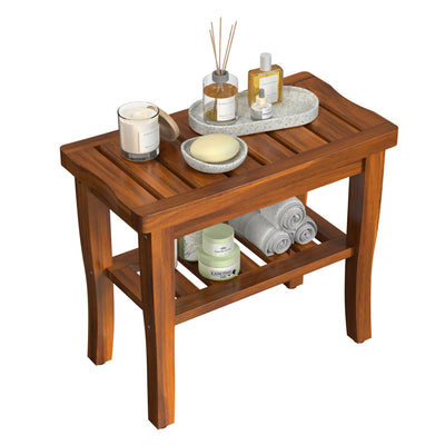 Teak Wood Shower Bench Stool with Storage Shelf, Wooden Waterproof Bathroom Spa Bathing Teak Shower Stool with Non-Slip Feet Gadget 2024 for Indoor or Outdoor Shower Chair Seat Organizer