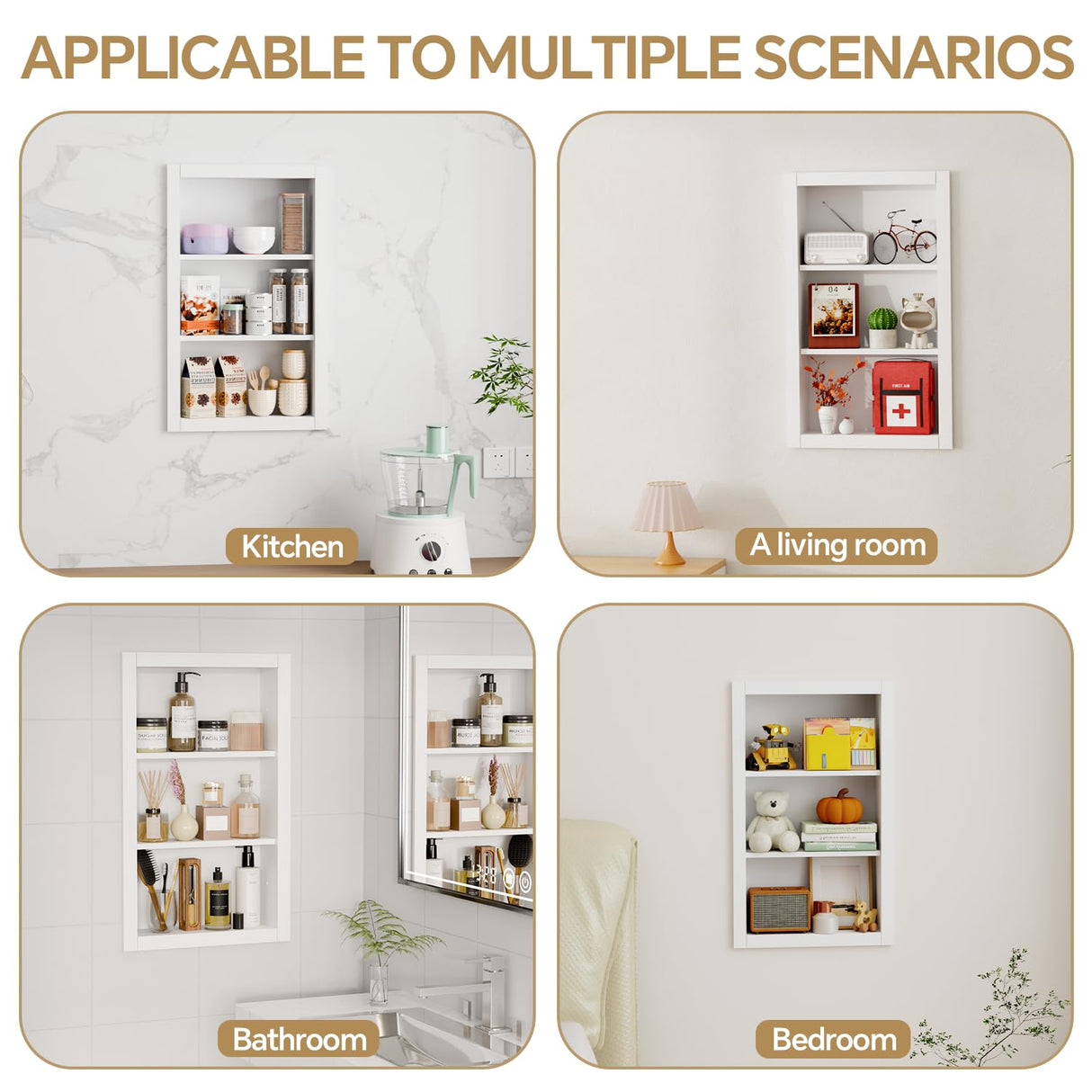 HAIDAIYA 14'' * 24'' Recessed Medicine Cabinet Wall Niche Wood, 3-Tier Bathroom Niche Insert for Drywall, in Wall Shelf Medicine Cabinets Replacement, for Living Room, Bathroom Storage, White HAIDAIYA