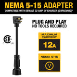 NEMA 15-15 Adapter, 12A/120V, Compatible with DEWALT 32 Amp Portable EV Charger, High Power Connector, Easy to Connect, No Tools Required DEWALT