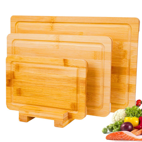 Cutting Boards for Kitchen,Wood Cutting Board Set of 3,Thick Wooden Chopping Board with Holder,Bamboo Cutting Boards Dishwasher Safe, Butcher Block Cutting Board for Meat SLONUVLND