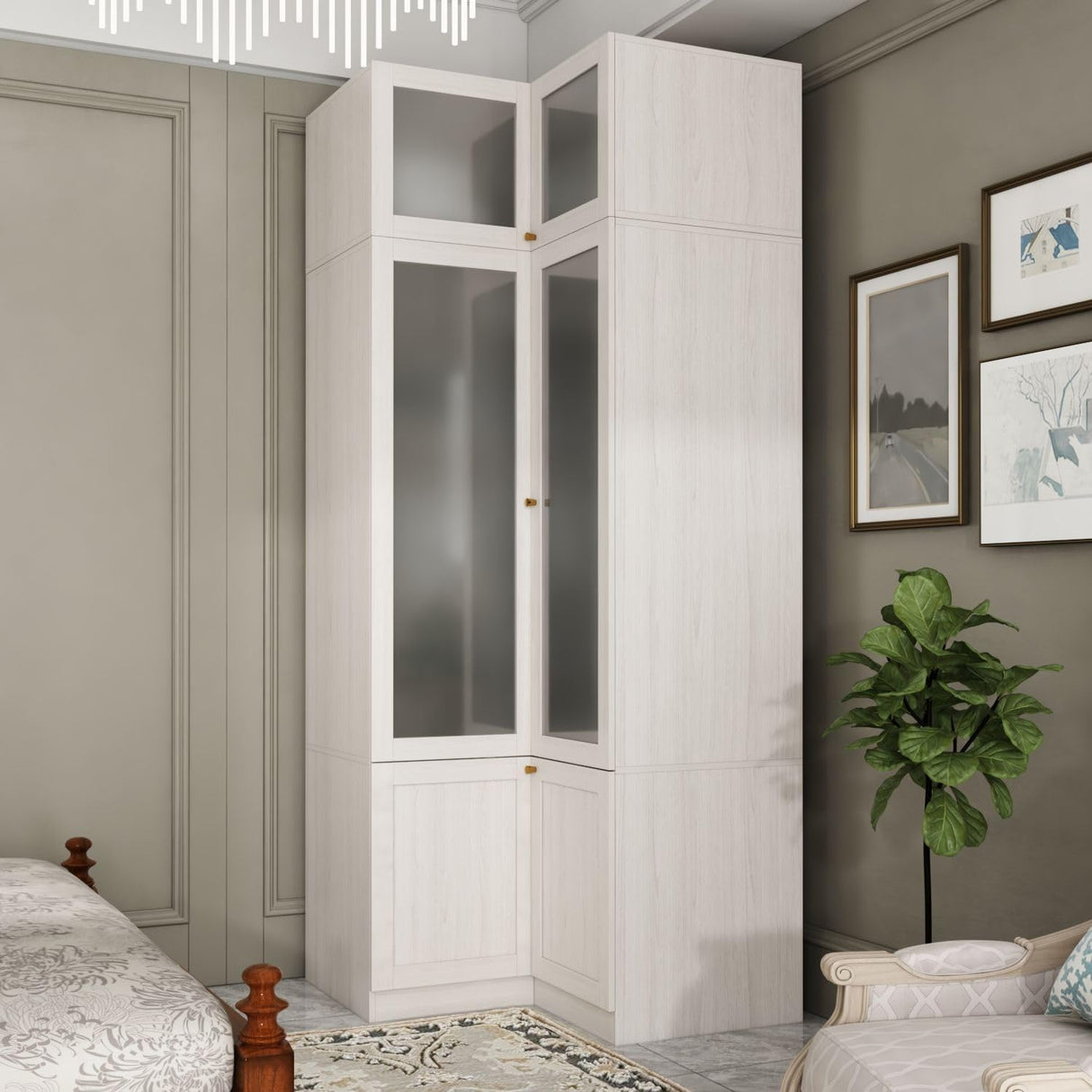 TAMUNE L-Shape Wardrobe Armoire Closet with Hanging Rod & Shelf, Bedroom Armoire with Frosted Glass Doors, Top Cabinets & Gold Knobs, Wood Grain, 35.4”D x 35.4”W x 86.6”H TAMUNE
