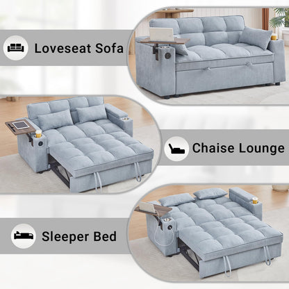 Skepphlay 3 in 1 Sleeper Sofa Bed, Pull Out Couch with Side Table, 65'' Convertible Loveseat with Adjustable Backrest, Chaise Lounge with USB and Type-C Ports for Living Room Office, Light Grey