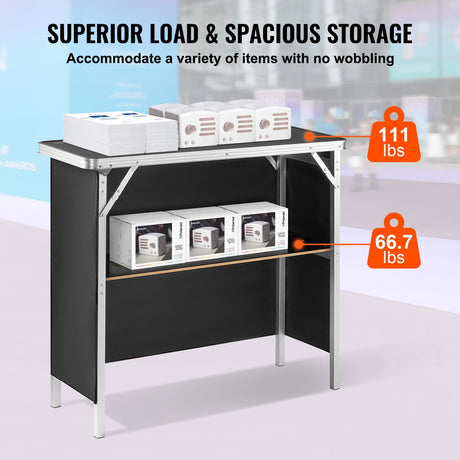 VEVOR Folding Portable Bar Table, Tradeshow Podium Table for Indoor, Outdoor, Party, Picnic, Exhibition, Includes Carrying Case, Storage Shelf and Black Skirt, 38.39" x 15.16" x 34.25" VEVOR