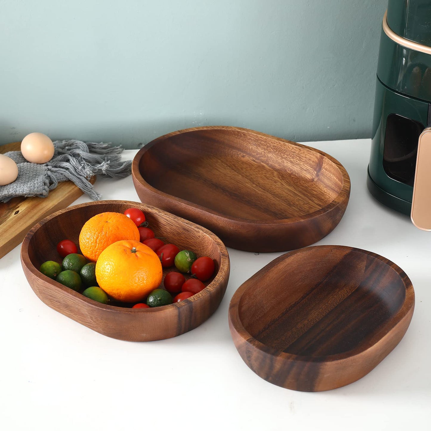 olelo Wooden Salad Bowl Set of 3-Acacia Wood Oval Dessert Displays Serving Trays Great for Fruit, Food, Salads, Mixing & Serving Bowls