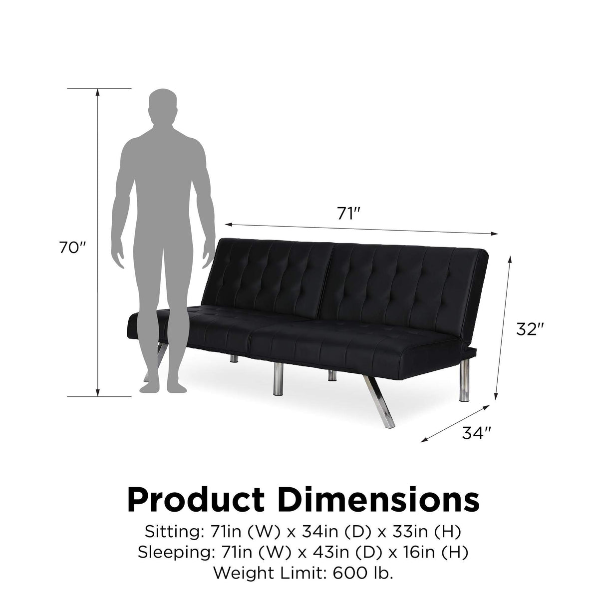 DHP Emily 71 Inch Futon Sofa Bed, Armless Upholstered Couch Sleeper with Tufted Back and Seat, Mid-Century Modern, Black Faux Leather DHP