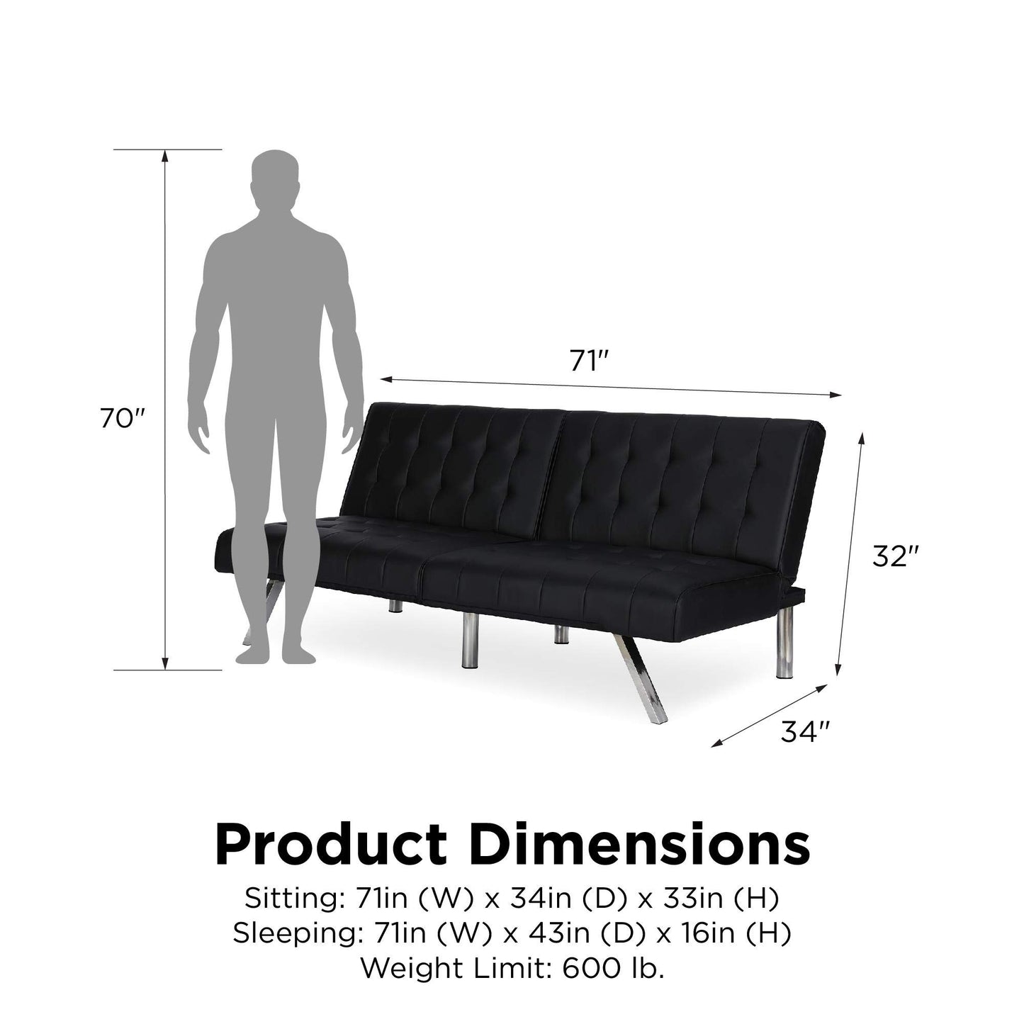 DHP Emily 71 Inch Futon Sofa Bed, Armless Upholstered Couch Sleeper with Tufted Back and Seat, Mid-Century Modern, Black Faux Leather