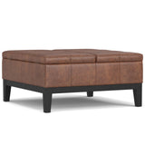 SIMPLIHOME Dover 36 inch Wide Contemporary Square Lift Top Coffee Table Storage Ottoman in Distressed Saddle Brown Vegan Faux Leather, Assembled, for The Living Room, Entryway and Family Room SIMPLIHOME