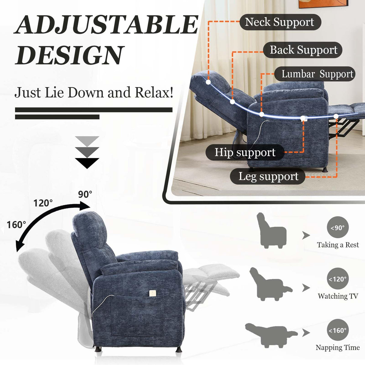 CYTERNE Small Electric Nursery Recliner Chairs for Adults,Grey Power Recliner Chairs with Remote & Side Pockets, Fabric Reclining Chair for Living Room Bedroom Ofiice, Comfort & Space-Saving (Blue) CYTERNE