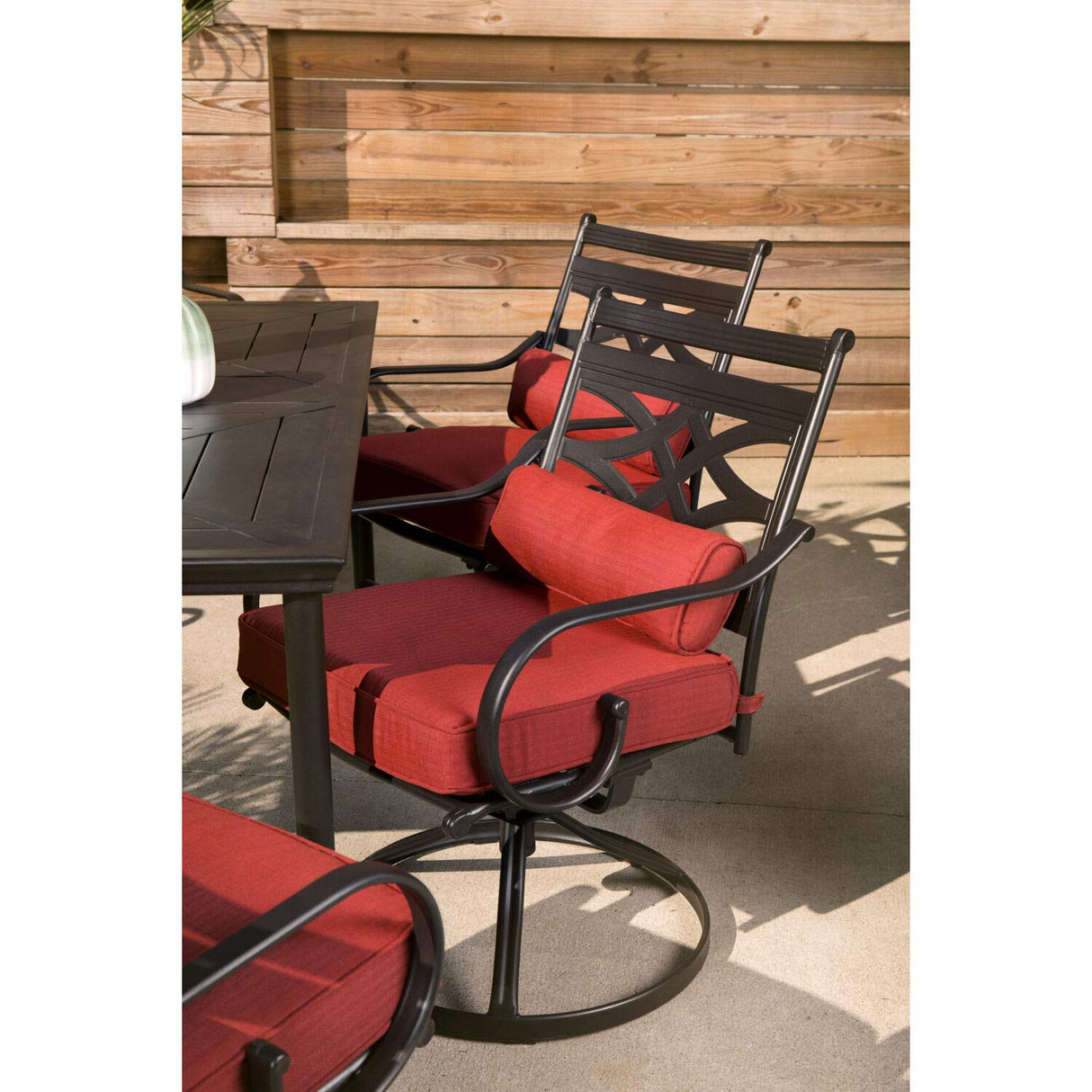 Hanover Montclair 7-Piece Outdoor Dining Set with 6 Swivel Rockers, Chili Red Cushions and Stamped Steel Rectangular Dining Table, Patio Dining Set for 6, Premium All-Weather Patio Furniture for Deck Hanover