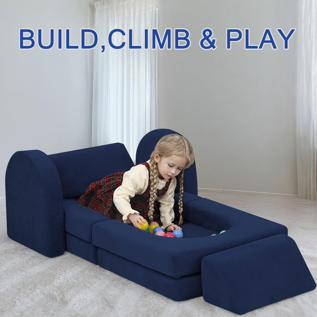 MeMoreCool Modular Kids Play Couch – 10-Piece Foam Sofa for Toddlers & Kids, Convertible Playroom Furniture and Fold-Out Floor Bed, High-Density Foam with Washable Covers – Navy Blue MeMoreCool