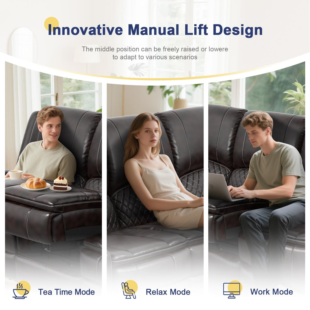 Recliner Sofa 3 Seater Sofa with Recliner, Home Theater Seating with Liftable Console & Removable Armrest, Manual PU Leather Reclining Couch with Cup Holders & USB Ports for Living Room/RV (Brown) MOSGAT