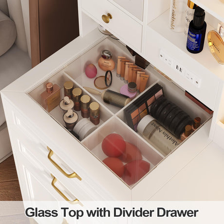 BTHFST Makeup Vanity Desk with Mirror and Lights & Charging Station & Makeup Stool, Vanity Table Set with Glass Top Storage Drawer & Beach & 3 Shelves for Bedroom (Modern White & Gold) BTHFST